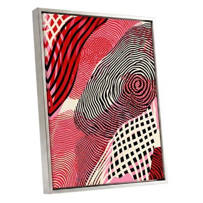 Crimson Current, black, red, pink abstract wall art shown as a silver framed canvas wall art
