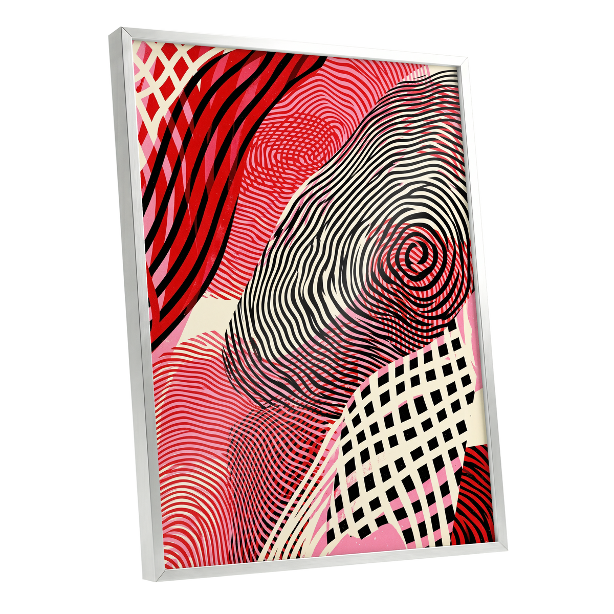 Crimson Current, black, red, pink abstract wall art shown as a silver framed poster wall art print