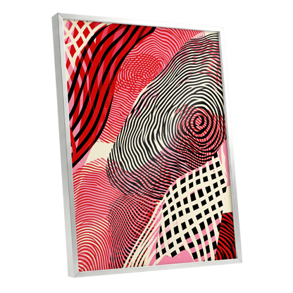 Crimson Current, black, red, pink abstract wall art shown as a silver framed poster wall art print