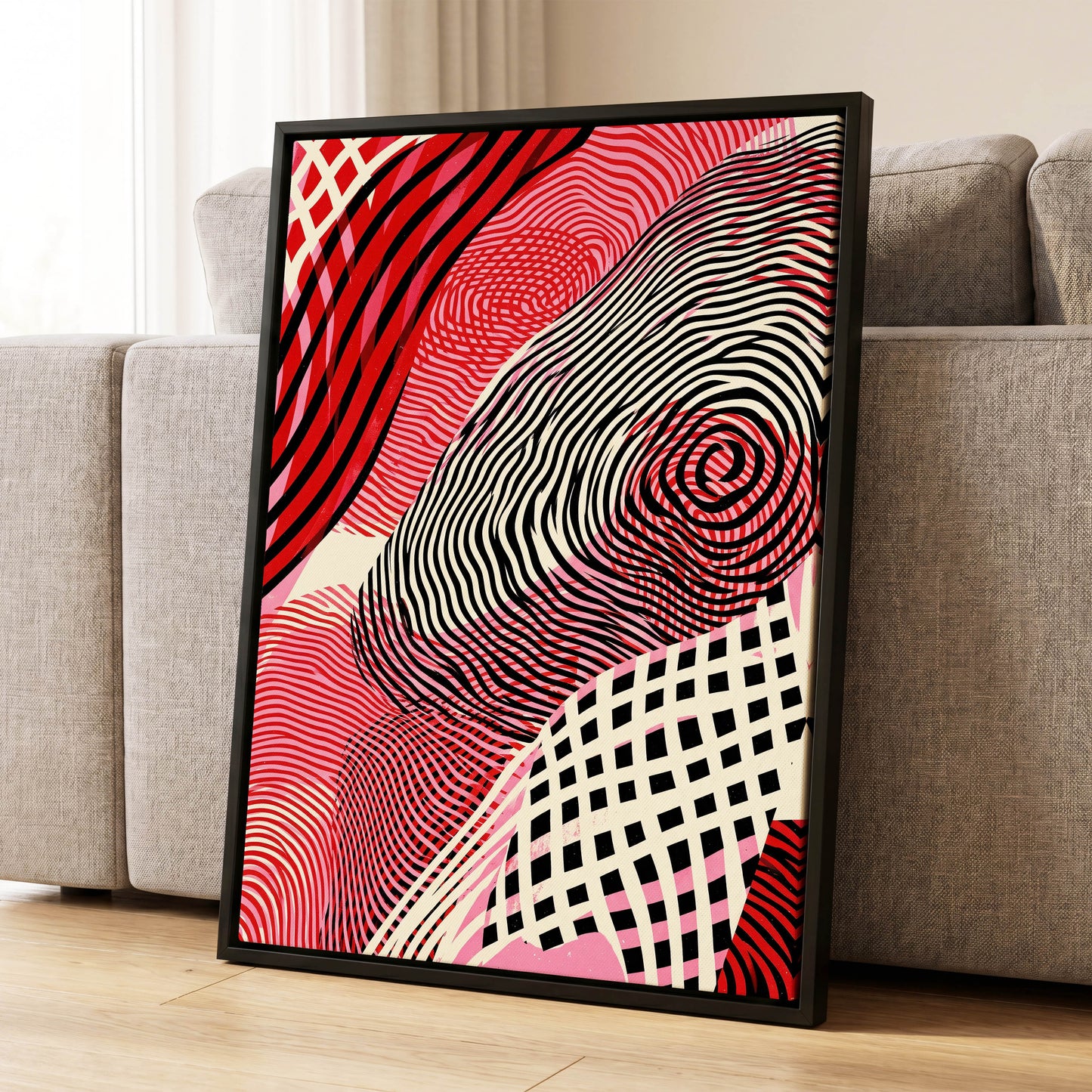 Crimson Current, black, red, pink abstract wall art displayed in a styled interior, gallery view 1