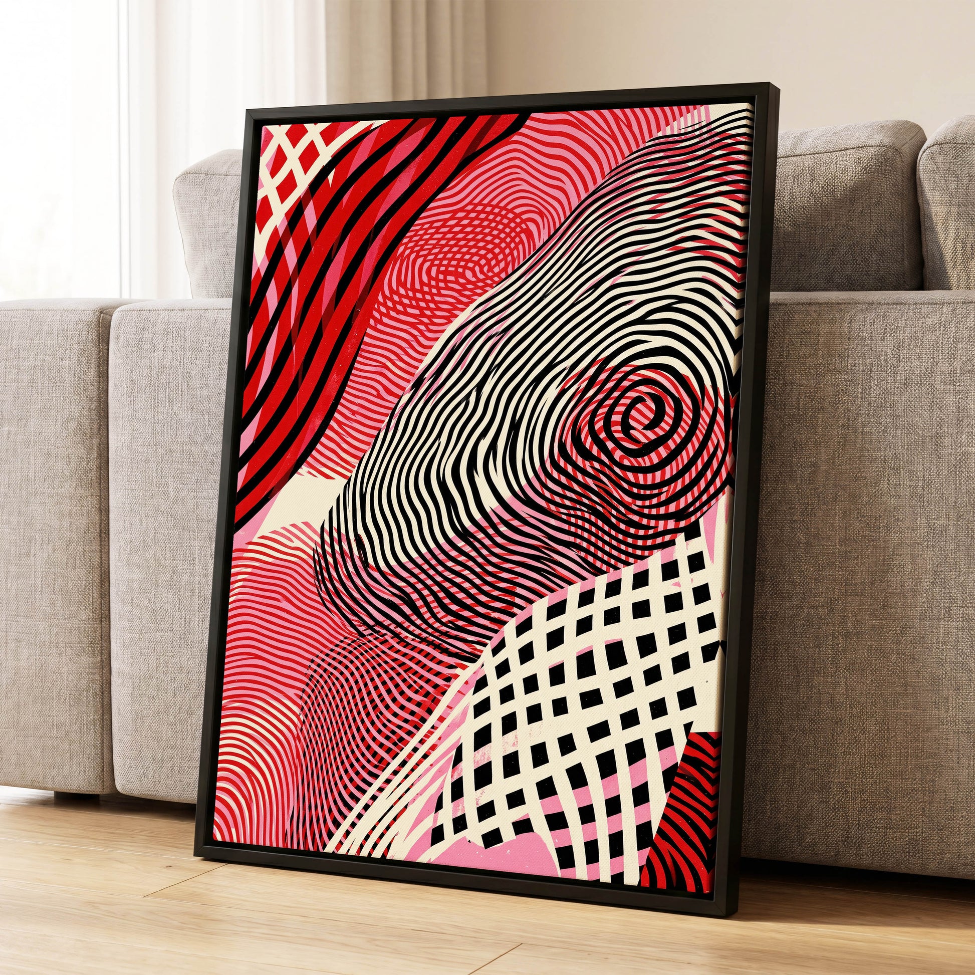 Crimson Current, black, red, pink abstract wall art displayed in a styled interior, gallery view 1