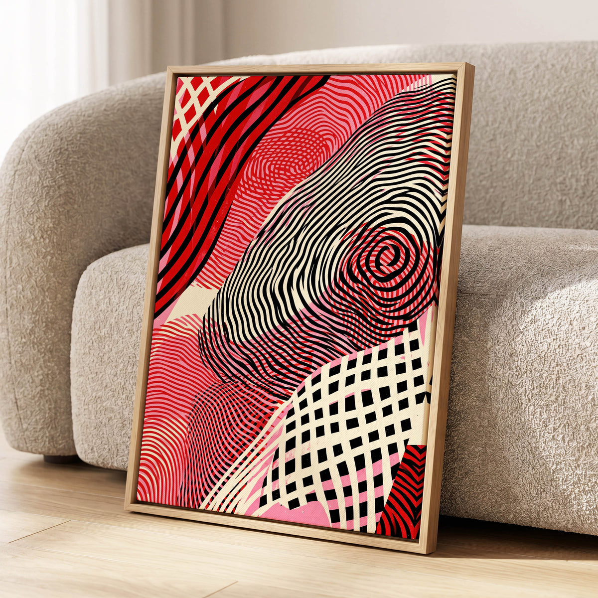 Crimson Current, black, red, pink abstract wall art displayed in a styled interior, gallery view 2