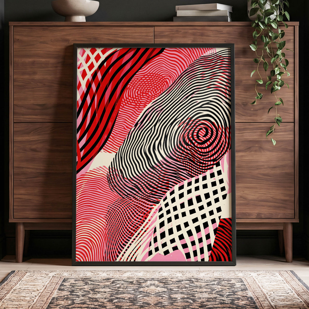 Crimson Current, black, red, pink abstract wall art displayed in a styled interior, gallery view 5