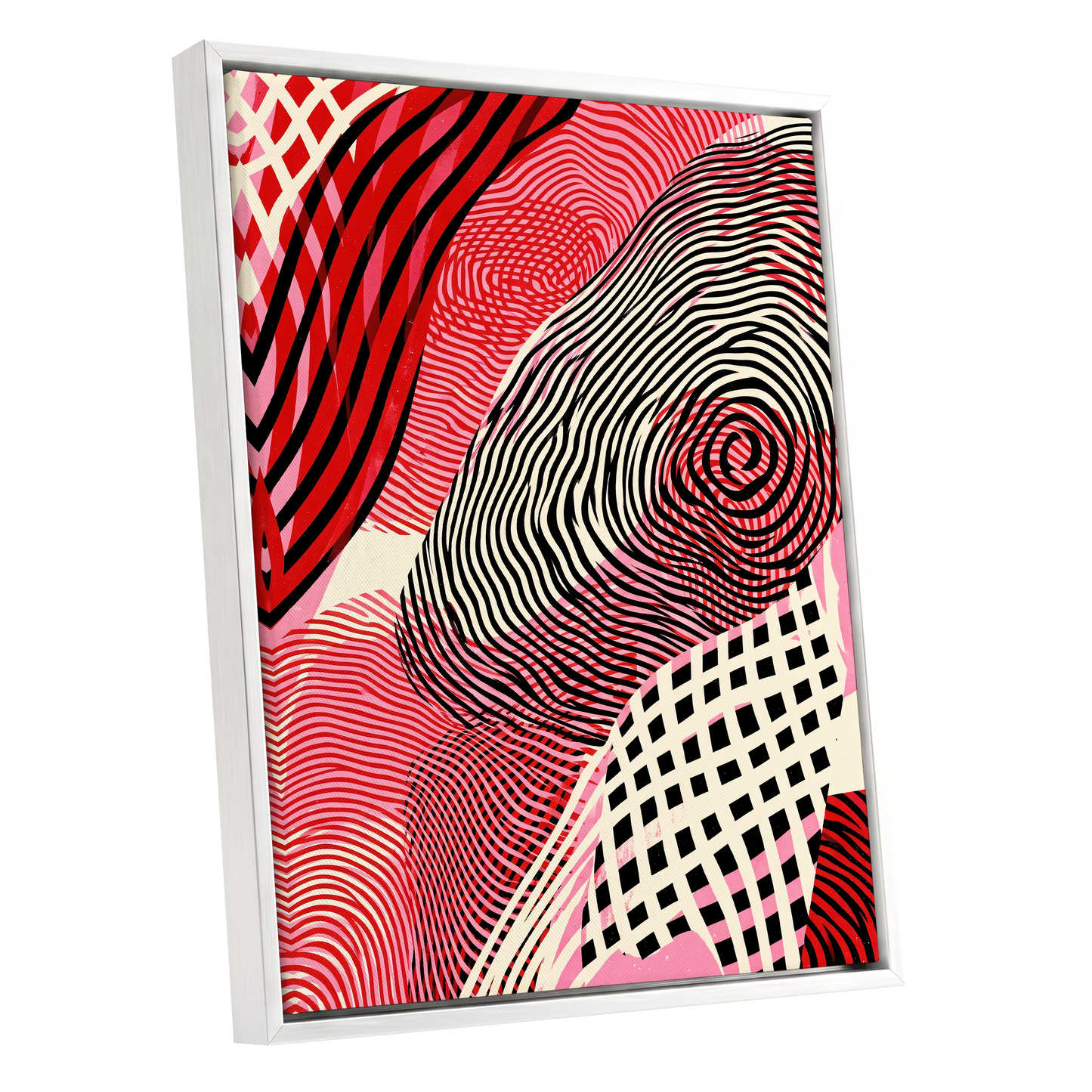 Crimson Current, black, red, pink abstract wall art shown as a white framed canvas wall art