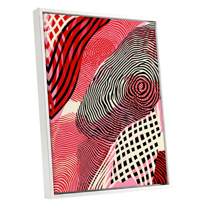 Crimson Current, black, red, pink abstract wall art shown as a white framed canvas wall art