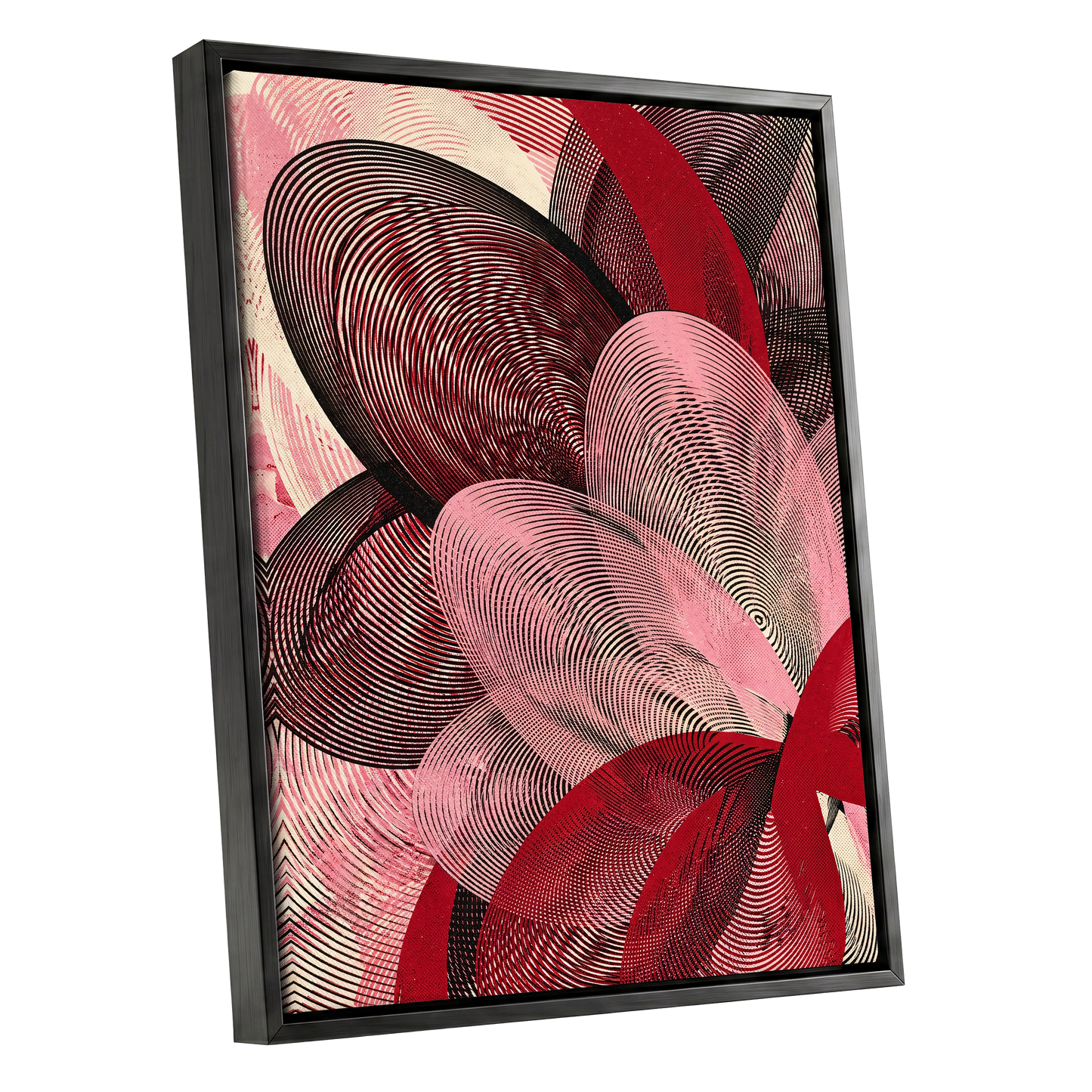 Crimson Currents, black, pink, red abstract wall art shown as a black framed canvas wall art