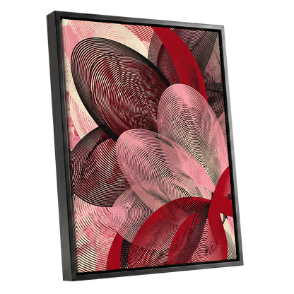 Crimson Currents, black, pink, red abstract wall art shown as a black framed canvas wall art