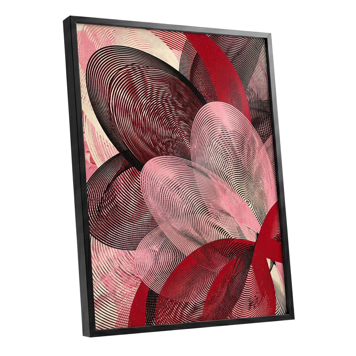 Crimson Currents, black, pink, red abstract wall art shown as a black framed poster wall art print