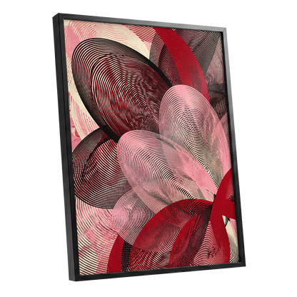 Crimson Currents, black, pink, red abstract wall art shown as a black framed poster wall art print