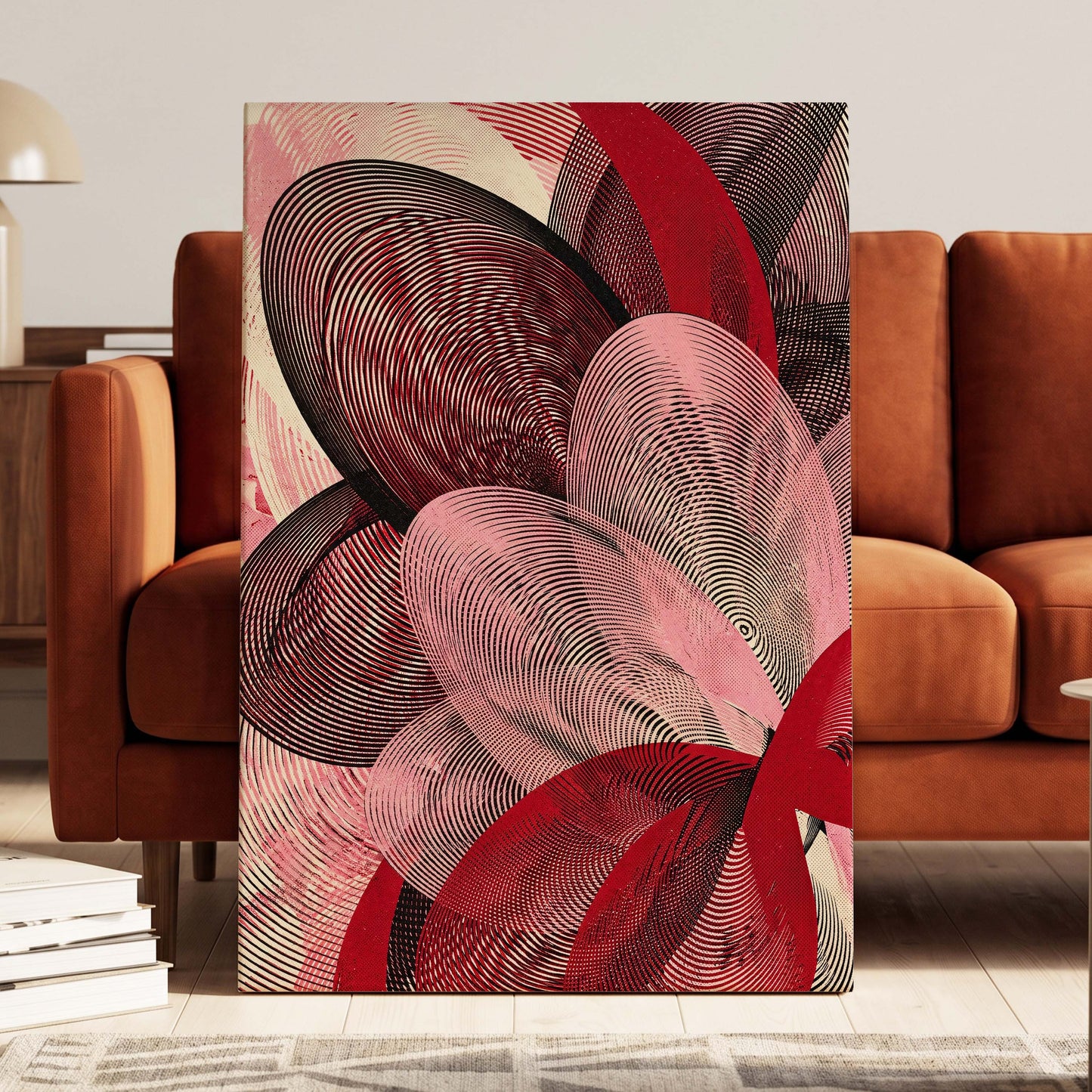 Crimson Currents, black, pink, red abstract wall art on canvas displayed in a styled interior, gallery view 1