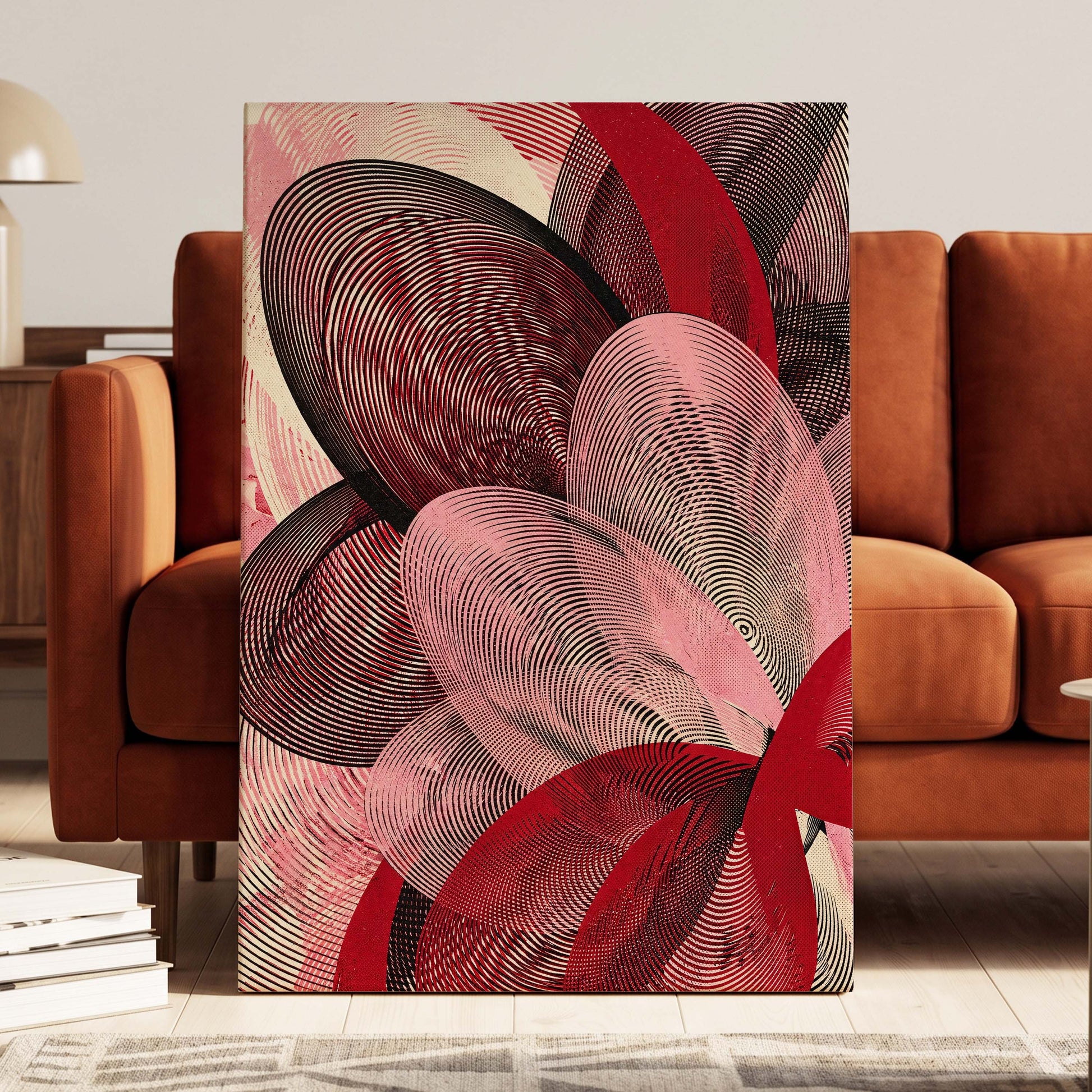 Crimson Currents, black, pink, red abstract wall art on canvas displayed in a styled interior, gallery view 1