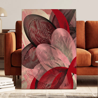Crimson Currents, black, pink, red abstract wall art on canvas displayed in a styled interior, gallery view 1
