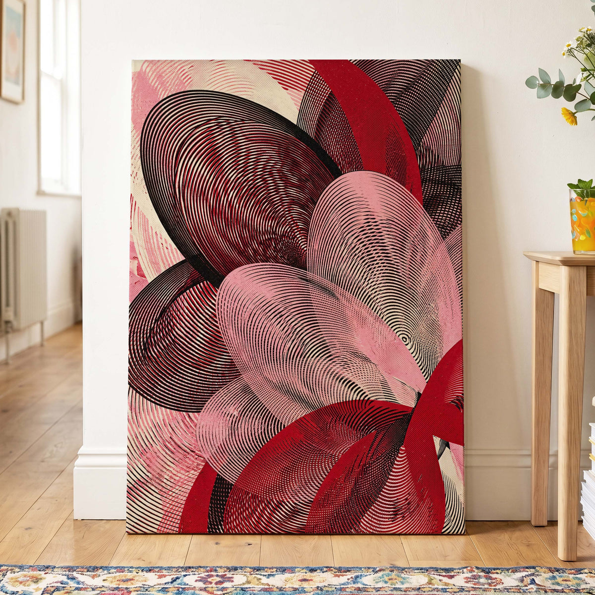 Crimson Currents, black, pink, red abstract wall art on canvas displayed in a styled interior, gallery view 2