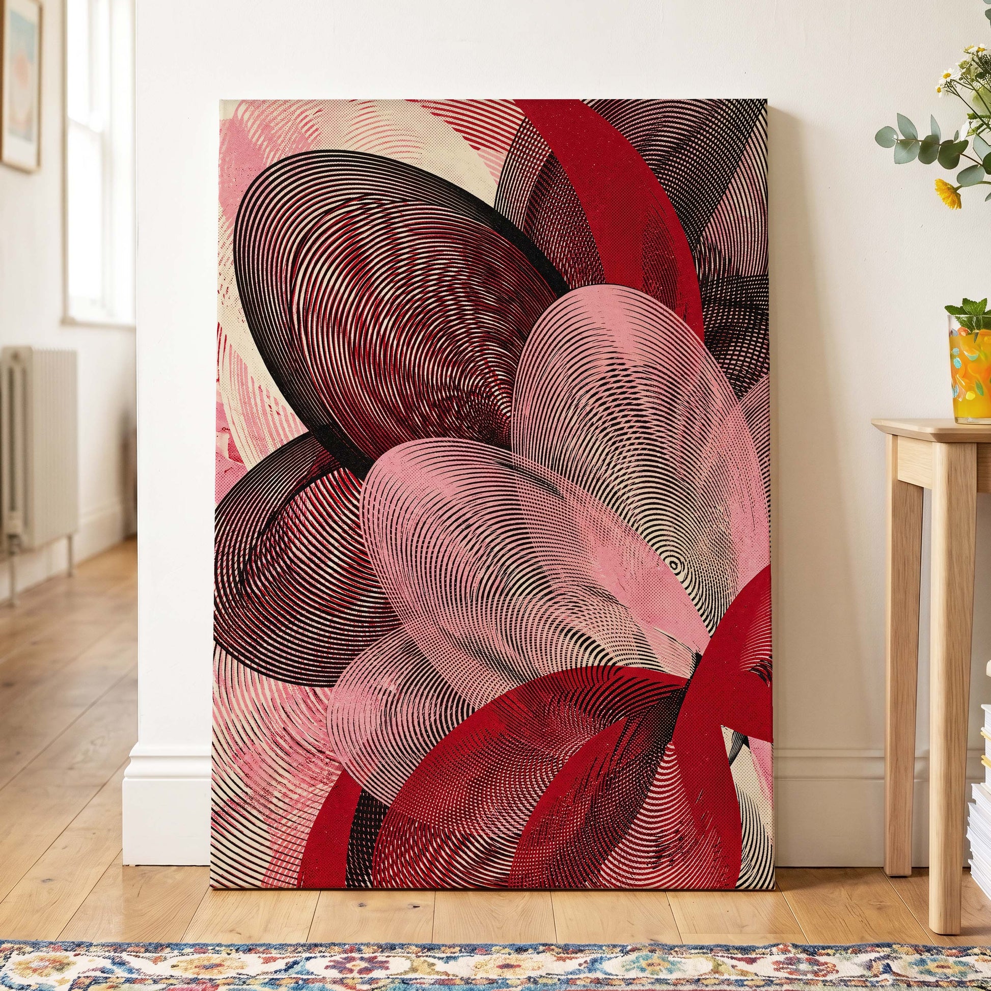 Crimson Currents, black, pink, red abstract wall art on canvas displayed in a styled interior, gallery view 2