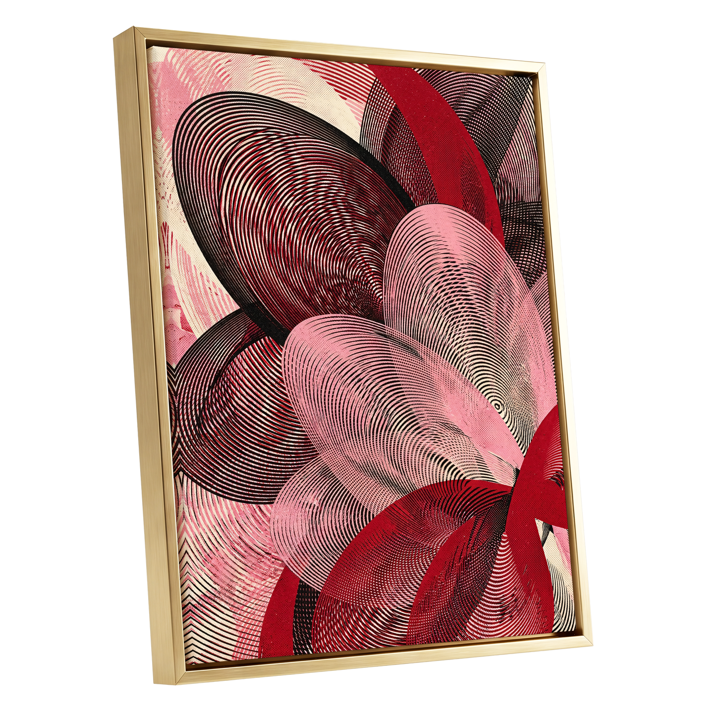 Crimson Currents, black, pink, red abstract wall art shown as a gold framed canvas wall art