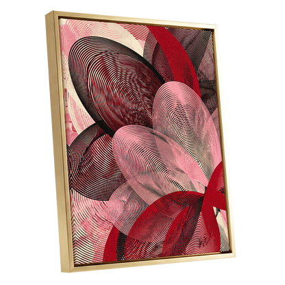 Crimson Currents, black, pink, red abstract wall art shown as a gold framed canvas wall art