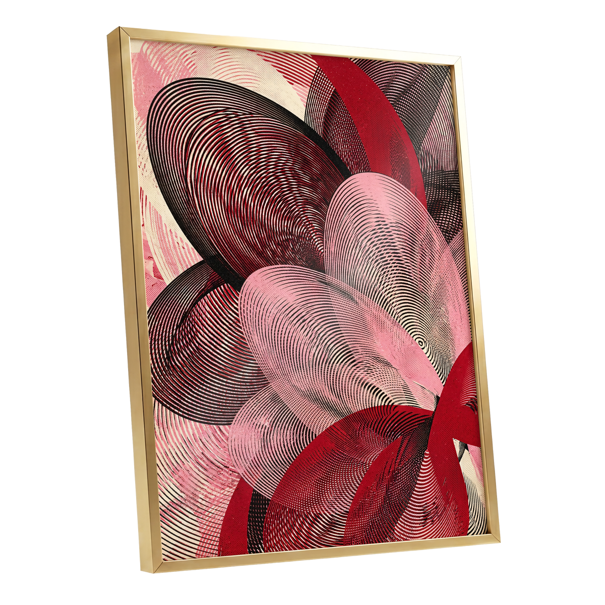 Crimson Currents, black, pink, red abstract wall art shown as a gold framed poster wall art print