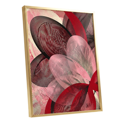 Crimson Currents, black, pink, red abstract wall art shown as a gold framed poster wall art print