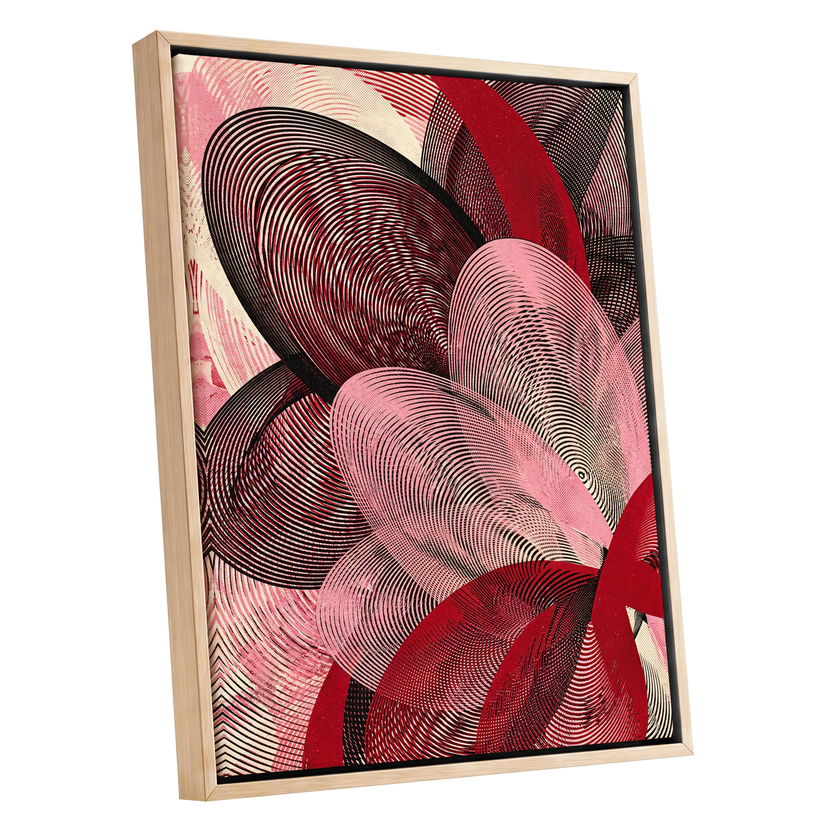 Crimson Currents, black, pink, red abstract wall art shown as a oak framed canvas wall art