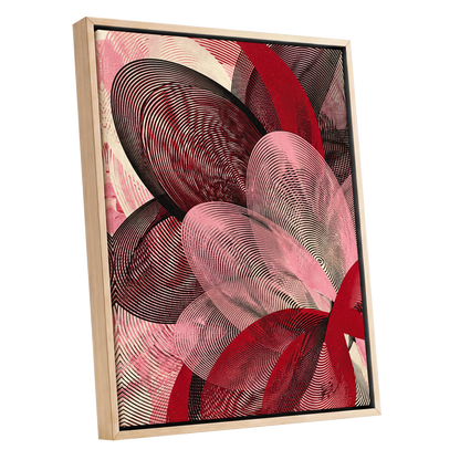 Crimson Currents, black, pink, red abstract wall art shown as a oak framed canvas wall art