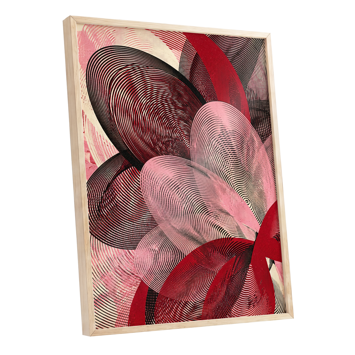 Crimson Currents, black, pink, red abstract wall art shown as a oak framed poster wall art print