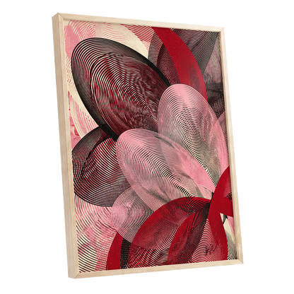Crimson Currents, black, pink, red abstract wall art shown as a oak framed poster wall art print