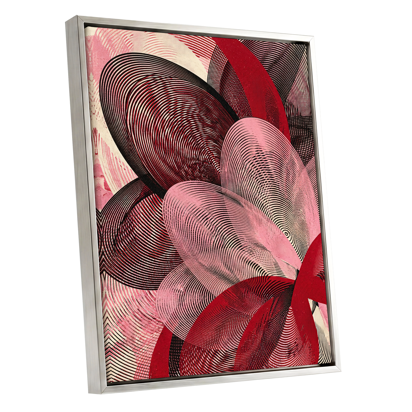 Crimson Currents, black, pink, red abstract wall art shown as a silver framed canvas wall art