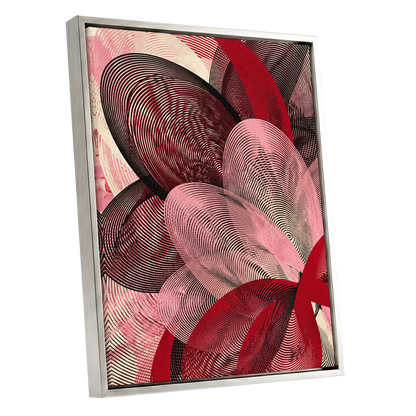 Crimson Currents, black, pink, red abstract wall art shown as a silver framed canvas wall art