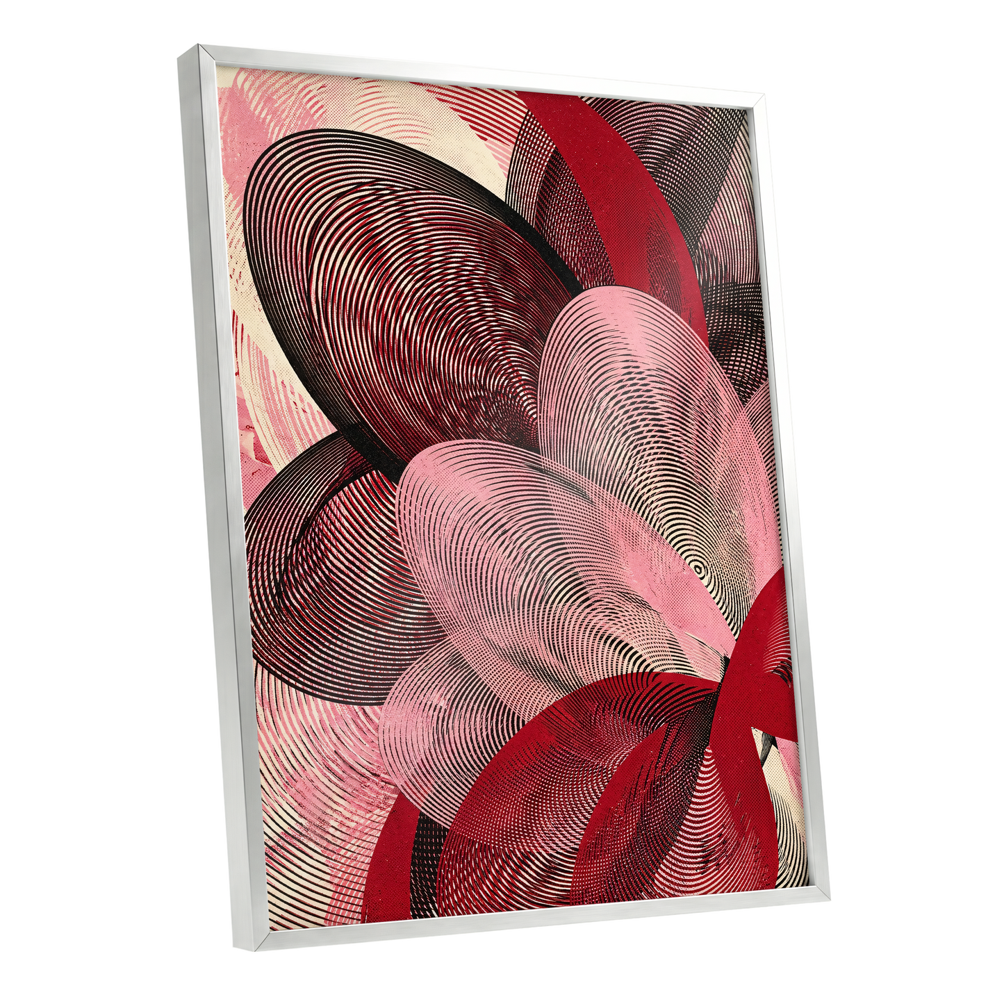 Crimson Currents, black, pink, red abstract wall art shown as a silver framed poster wall art print