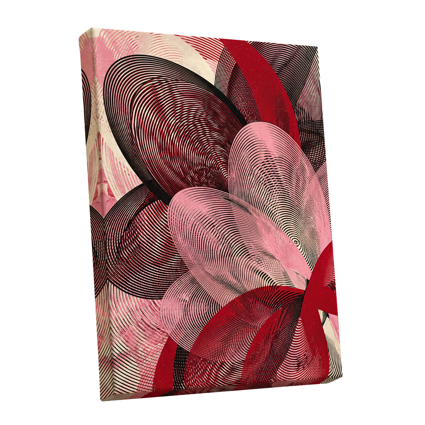 Crimson Currents, black, pink, red abstract wall art shown as a stretched canvas wall art