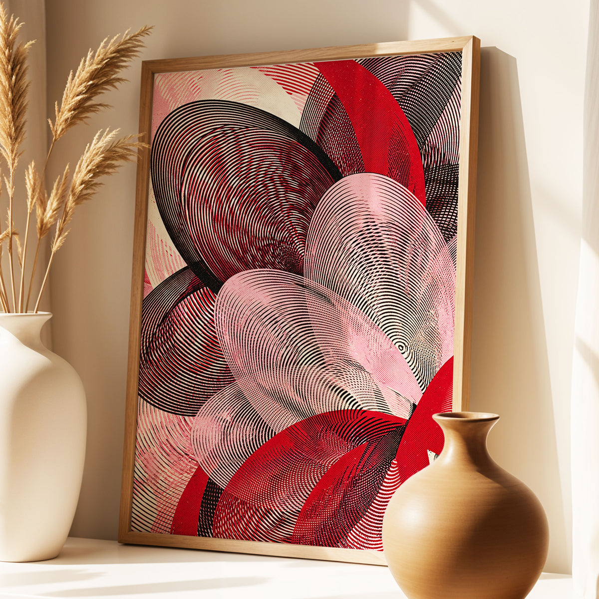 Crimson Currents, black, pink, red abstract wall art displayed in a styled interior, gallery view 1