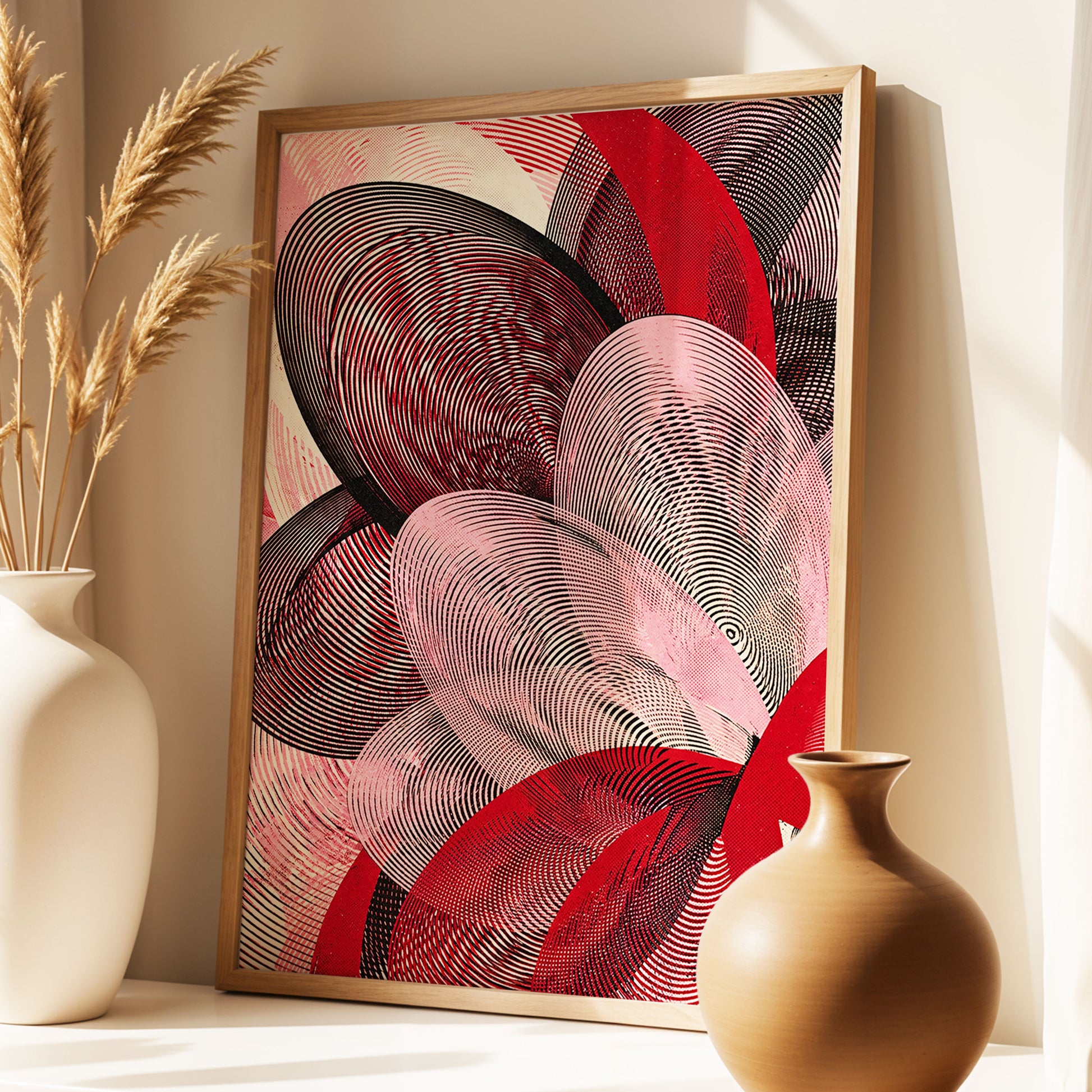 Crimson Currents, black, pink, red abstract wall art displayed in a styled interior, gallery view 1