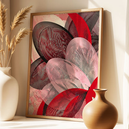 Crimson Currents, black, pink, red abstract wall art displayed in a styled interior, gallery view 1