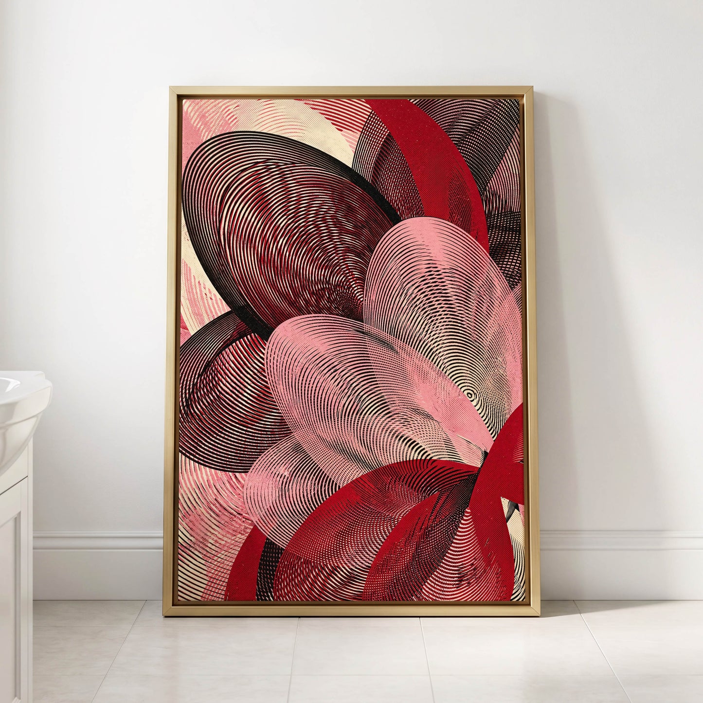 Crimson Currents, black, pink, red abstract wall art displayed in a styled interior, gallery view 2