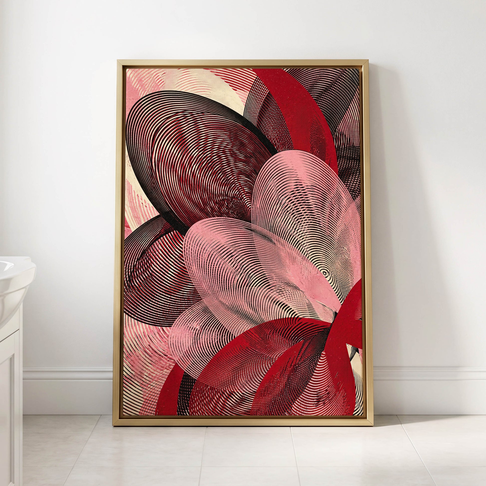 Crimson Currents, black, pink, red abstract wall art displayed in a styled interior, gallery view 2