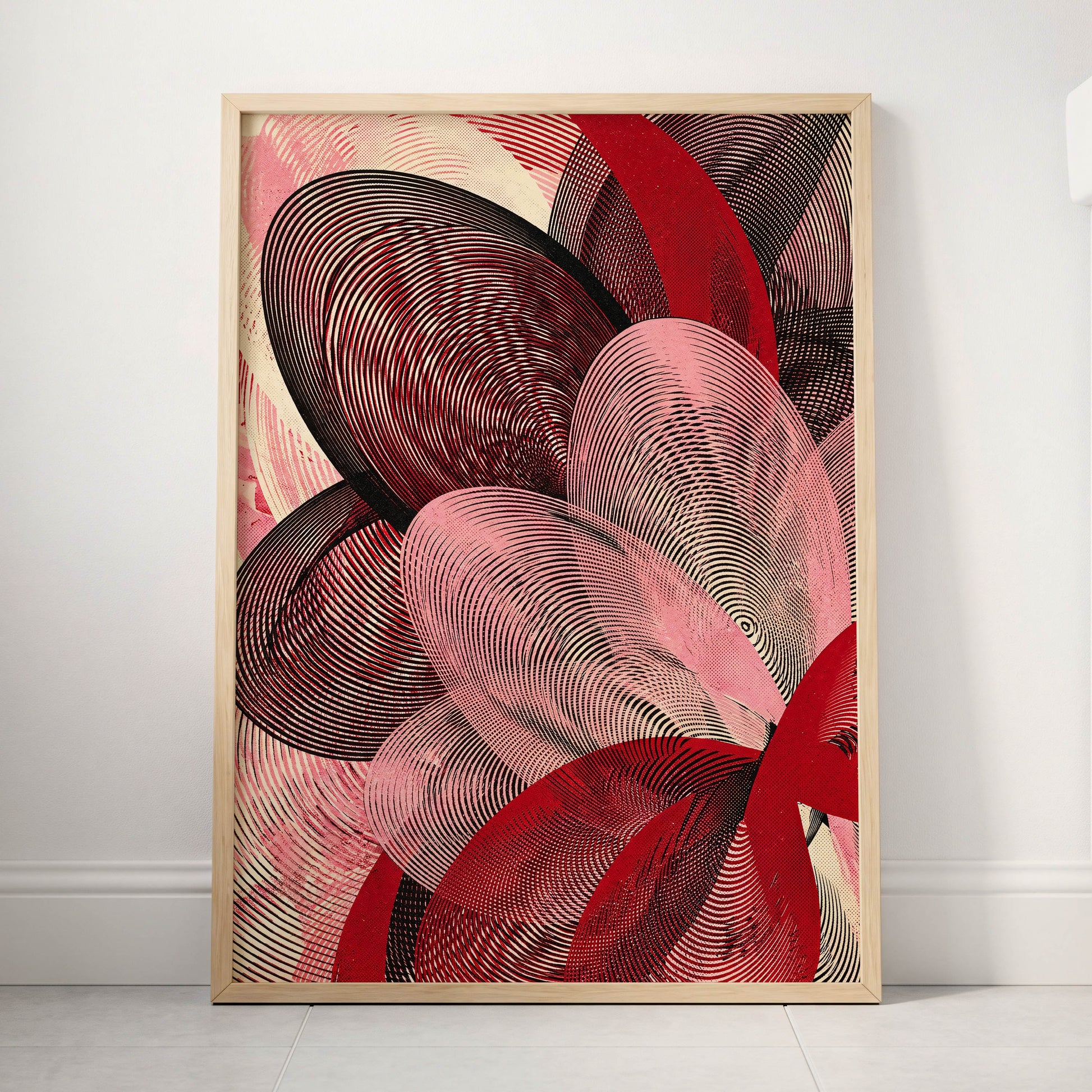 Crimson Currents, black, pink, red abstract wall art displayed in a styled interior, gallery view 3