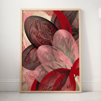 Crimson Currents, black, pink, red abstract wall art displayed in a styled interior, gallery view 3