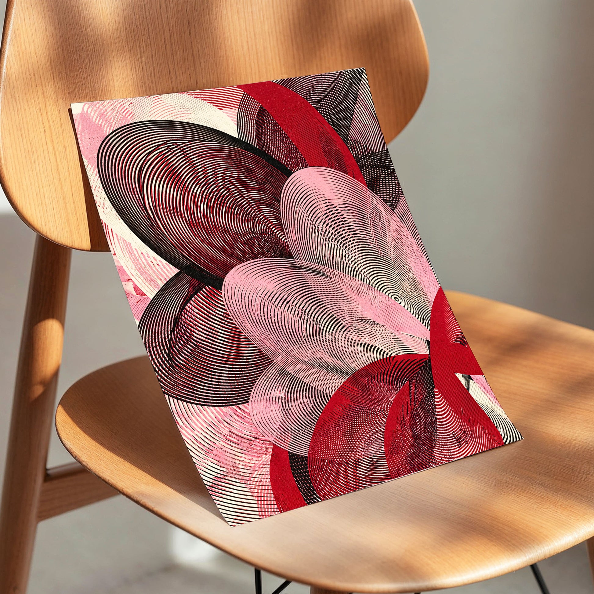 Crimson Currents, black, pink, red abstract wall art displayed in a styled interior, gallery view 4