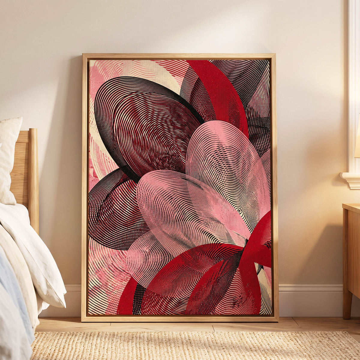 Crimson Currents, black, pink, red abstract wall art displayed in a styled interior, gallery view 6