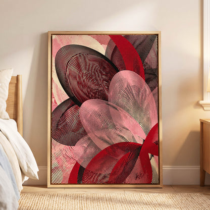 Crimson Currents, black, pink, red abstract wall art displayed in a styled interior, gallery view 6