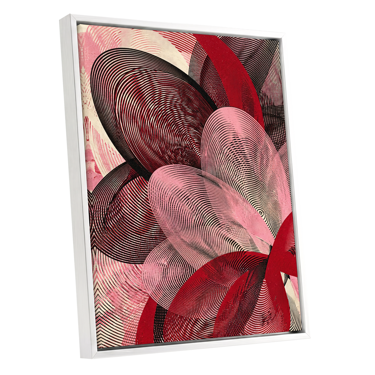 Crimson Currents, black, pink, red abstract wall art shown as a white framed canvas wall art