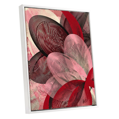 Crimson Currents, black, pink, red abstract wall art shown as a white framed canvas wall art