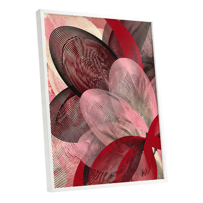 Crimson Currents, black, pink, red abstract wall art shown as a white framed poster wall art print