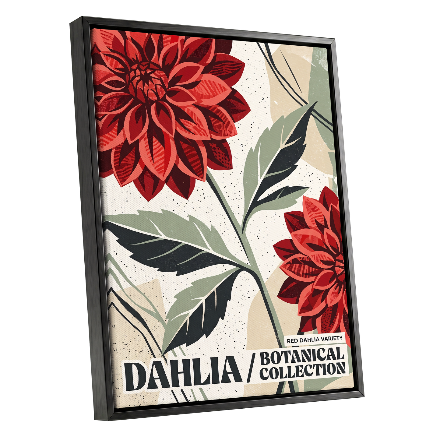 Crimson Dahlia Study, red, green, beige floral wall art shown as a black framed canvas wall art