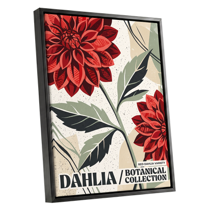 Crimson Dahlia Study, red, green, beige floral wall art shown as a black framed canvas wall art