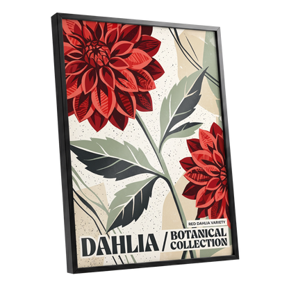 Crimson Dahlia Study, red, green, beige floral wall art shown as a black framed poster wall art print