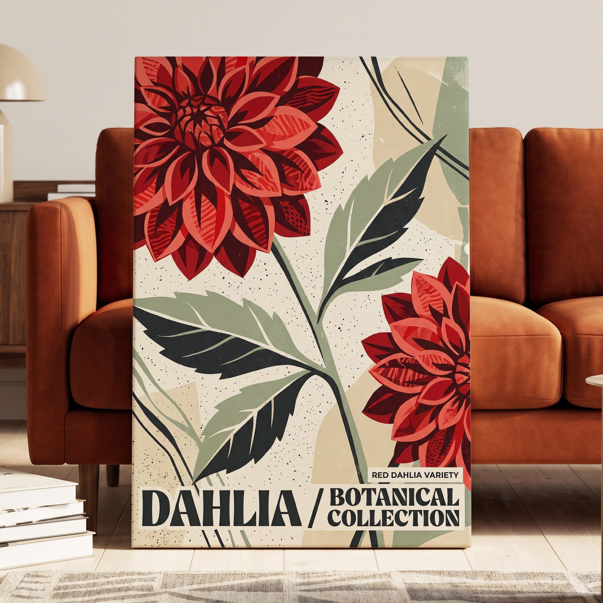 Crimson Dahlia Study, red, green, beige floral wall art on canvas displayed in a styled interior, gallery view 1
