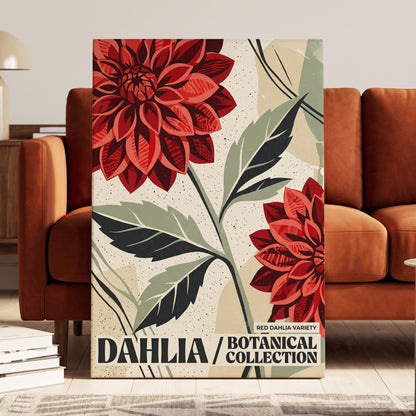 Crimson Dahlia Study, red, green, beige floral wall art on canvas displayed in a styled interior, gallery view 1