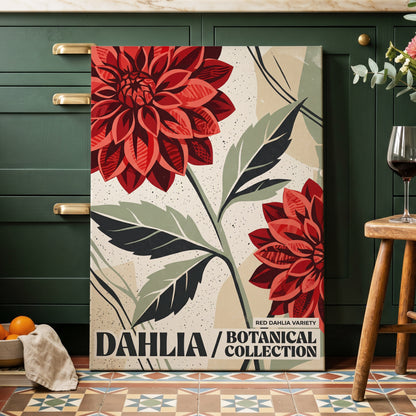 Crimson Dahlia Study, red, green, beige floral wall art on canvas displayed in a styled interior, gallery view 2