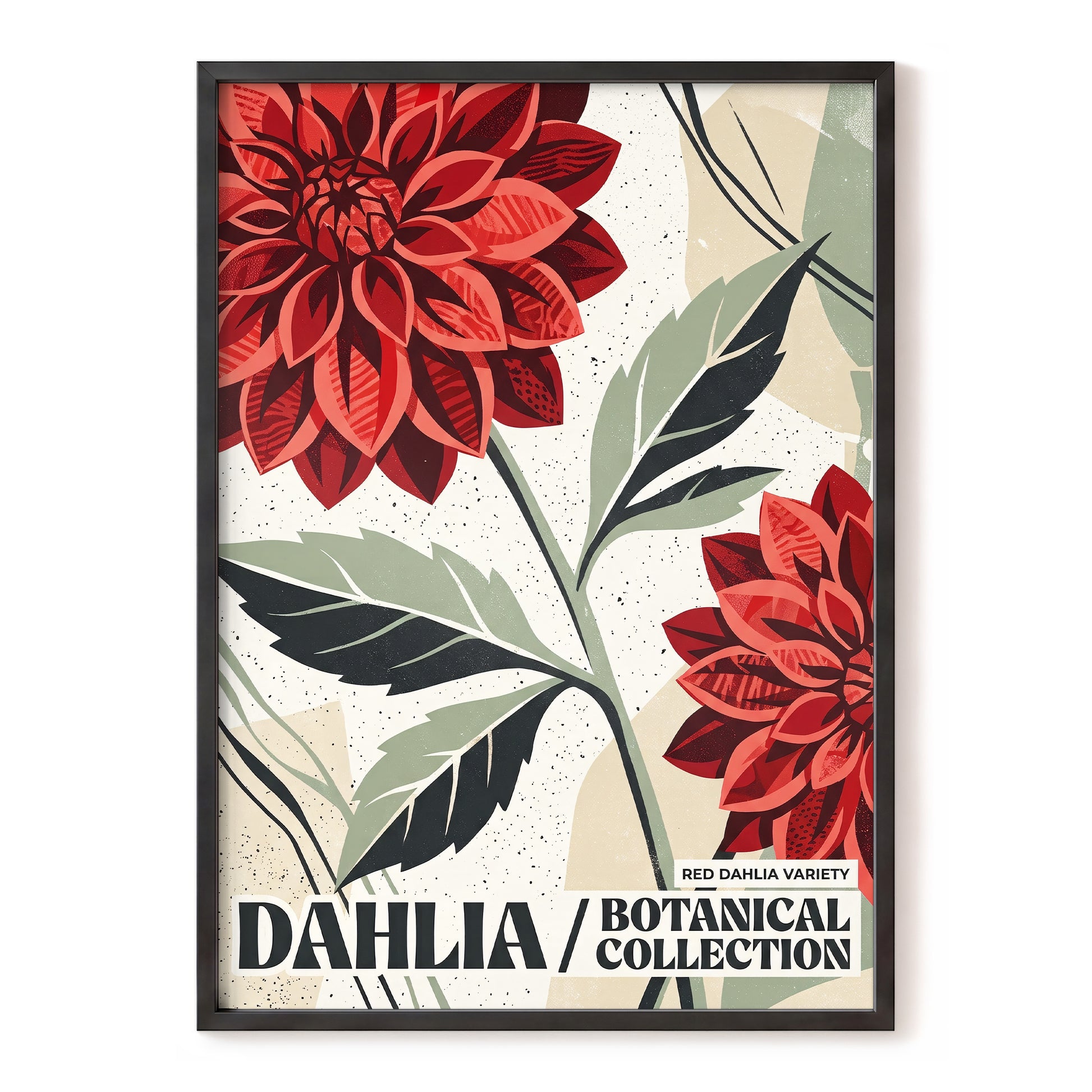 Crimson Dahlia Study, red, green, beige floral wall art, front artwork view
